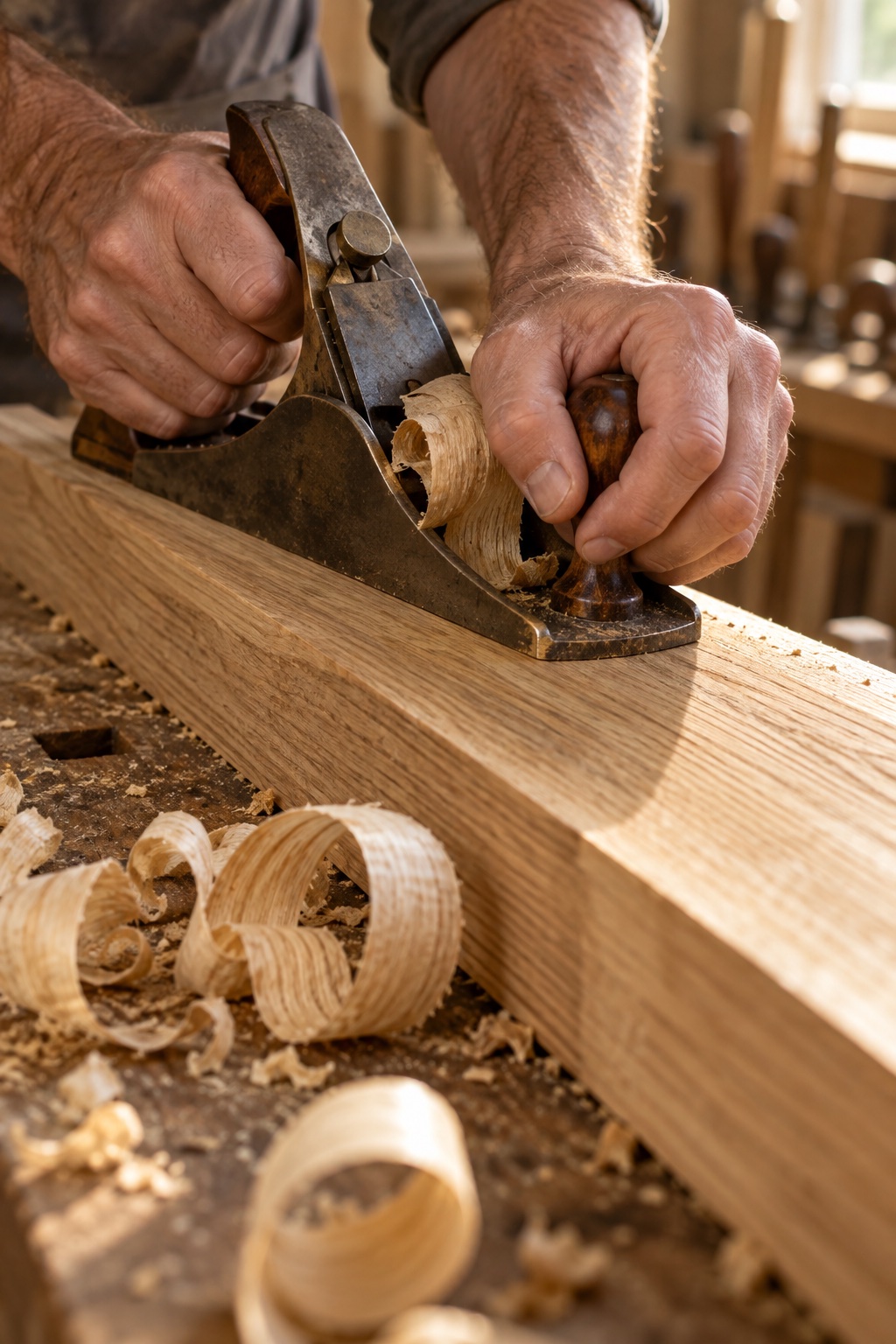 Anonymous craftsperson hand planing oak with fine shavings