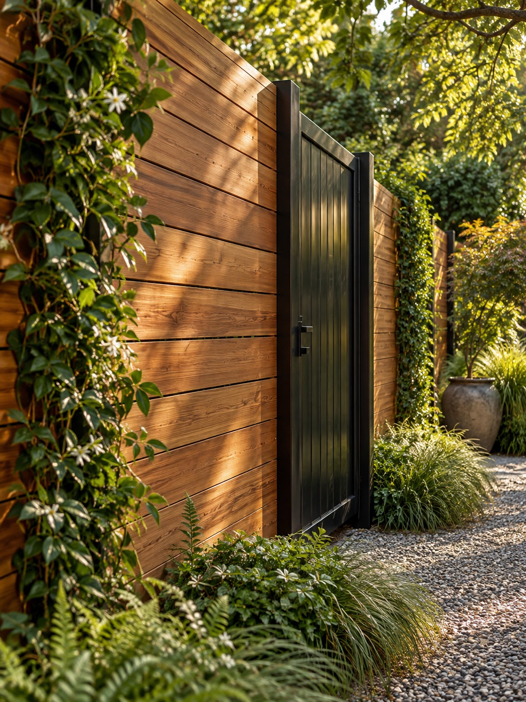 Warm horizontal timber fence and clean black garden gate