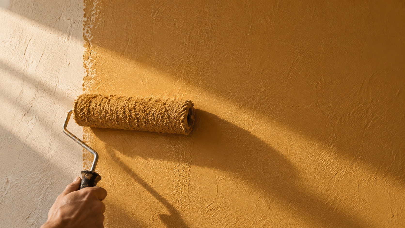 A roller applying rich ochre paint