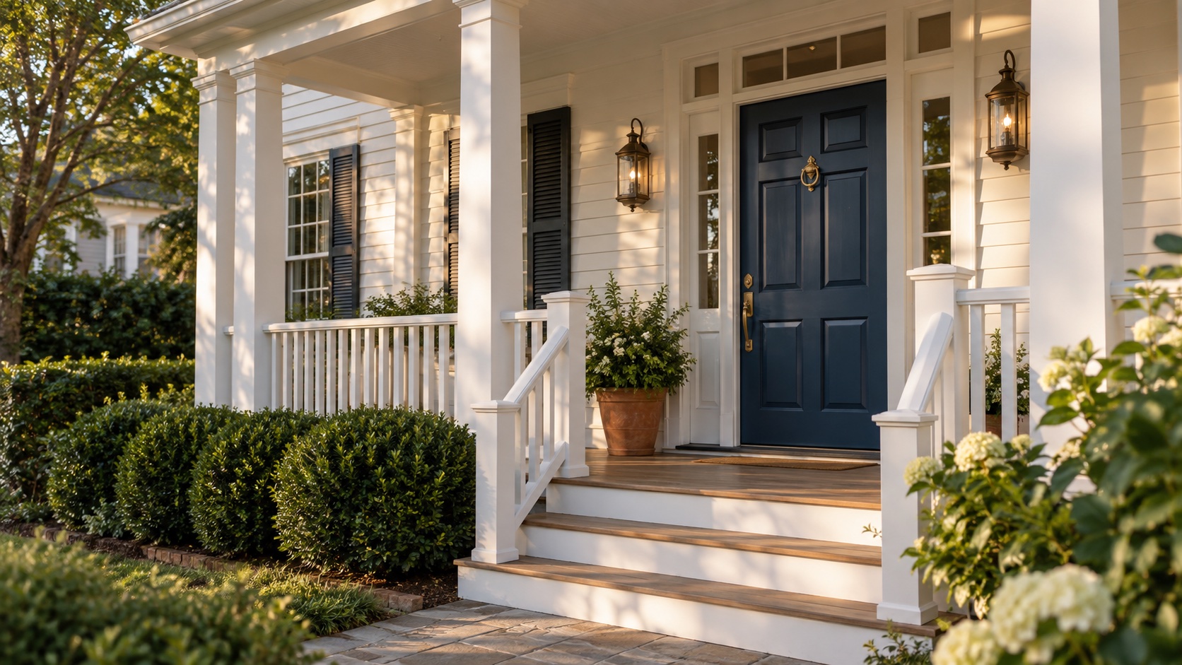 A carefully maintained white home porch with a blue front door